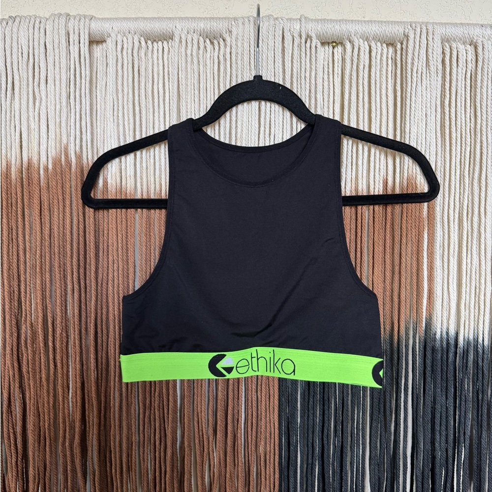 Ethika Women's Black Crop Sports Bra with Neon Green Band